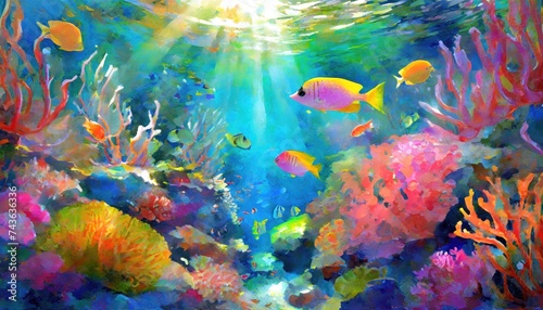 Vibrant Art painting of coral reef with fish and corals in Azure and Purple hues