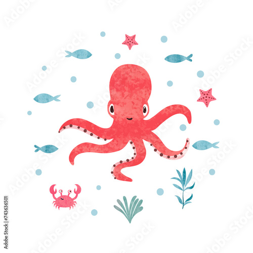 Cute baby octopus and fish. Marine watercolor vector illustration for kids