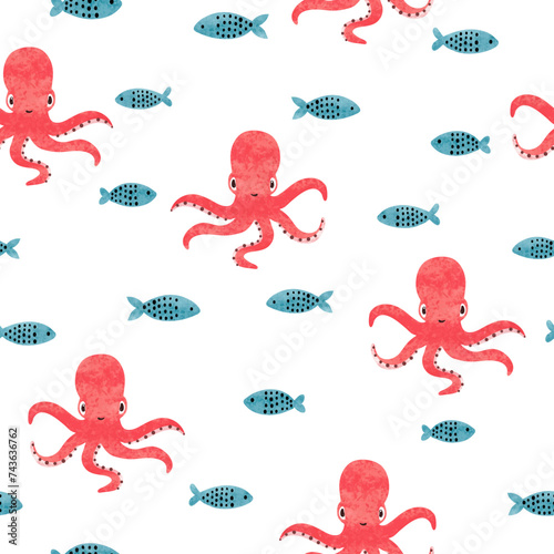 Seamless sea pattern with cute octopus. Vector watercolor marine baby print