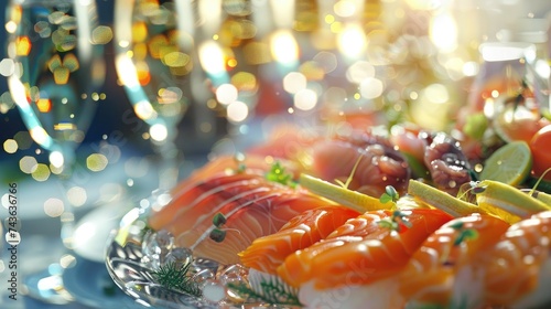 Elegant Sushi Platter with Glowing Bokeh for Festive Celebration