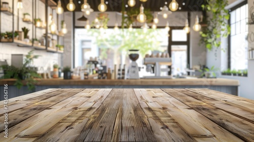 Empty beautiful wood table top counter and blur bokeh modern shop interior background in clean and bright,Banner, Ready for product montage - generative ai © Nia™