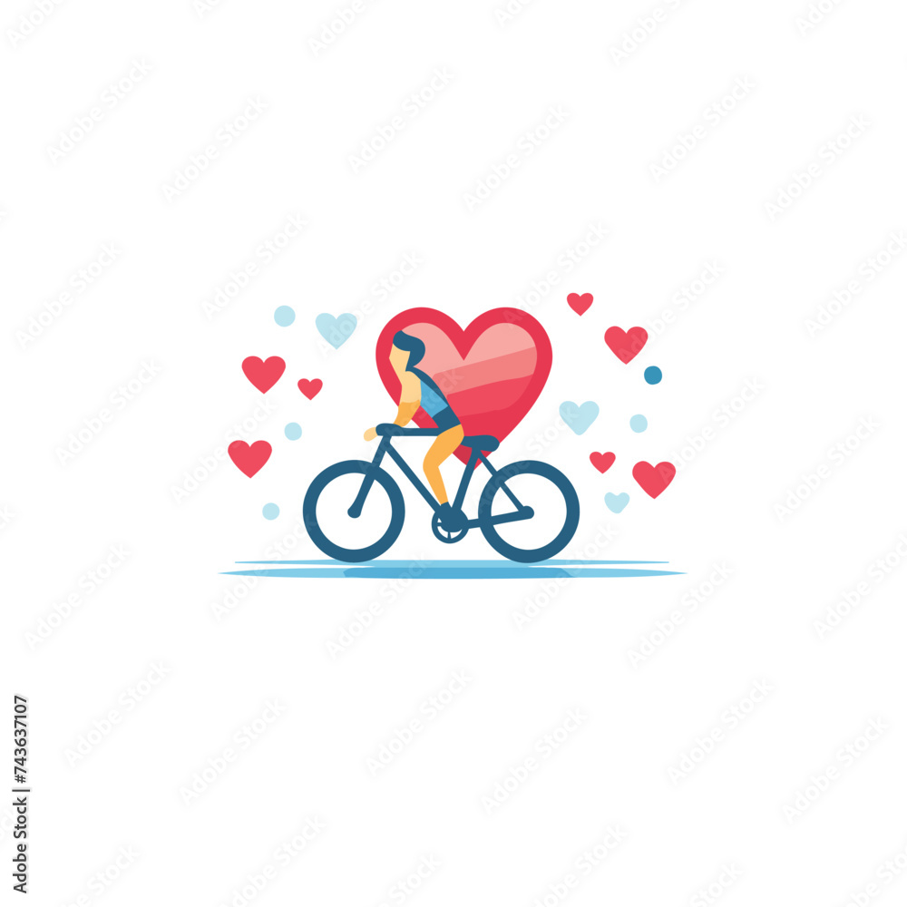 Woman riding a bicycle with heart. Vector illustration in flat style.