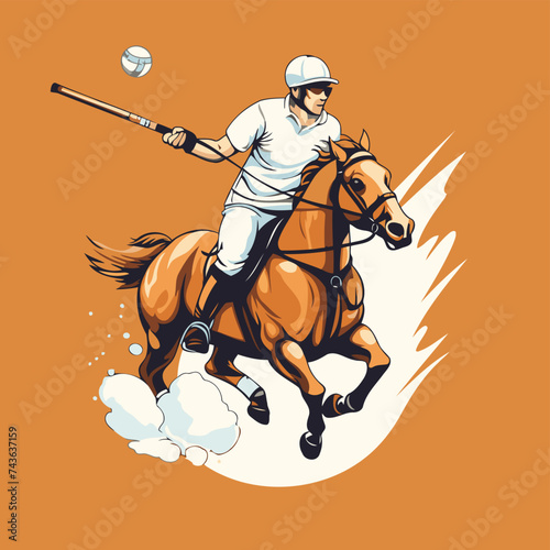 Hockey player on the horse with ball and bat. Vector illustration.
