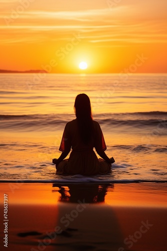 Beachside Serenity: Sunset Meditation Pose © miriam artgraphy