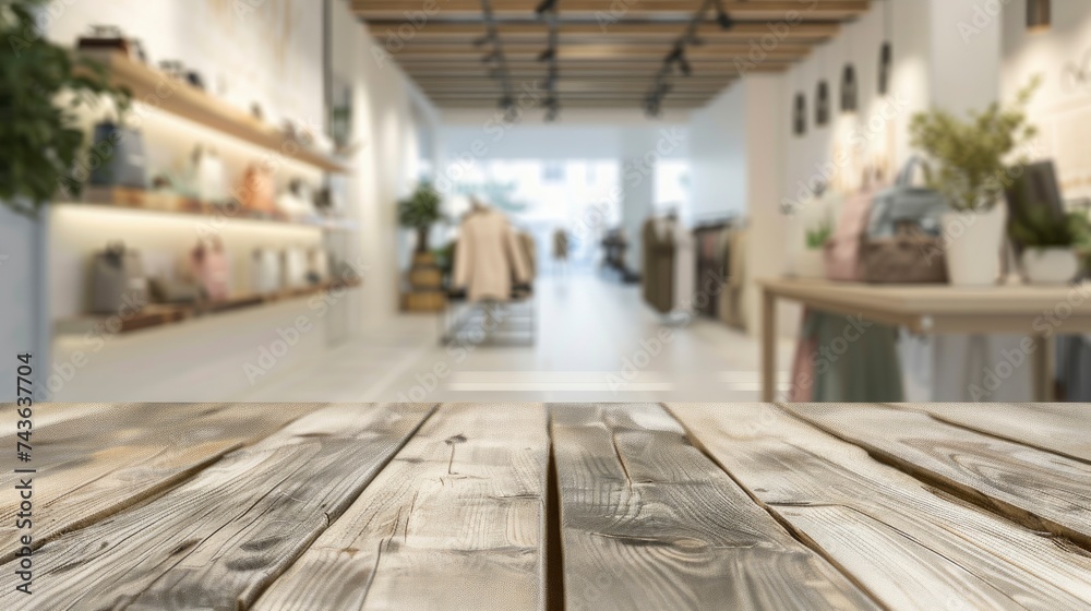 Empty beautiful wood table top counter and blur bokeh modern shop interior background in clean and bright,Banner, Ready for product montage - generative ai Empty beautiful wood table top counter and blur bokeh modern shop interior background in clean and bright,Banner, Ready for product montage - generative ai