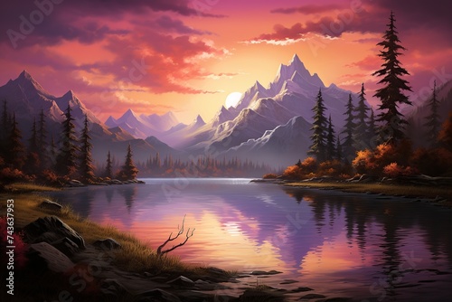 Sunset Serenity: Majestic Mountains and Calm Lake