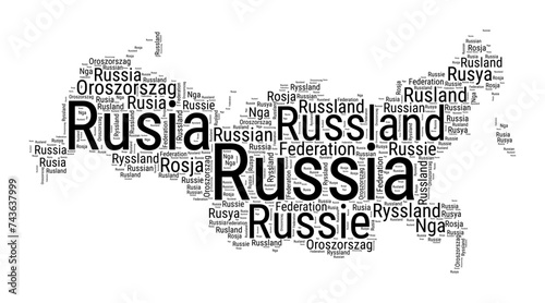 Black and white word cloud in Russia shape. Simple typography style country illustration. Plain Russia black text cloud on white background. Vector illustration.