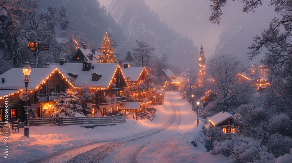 Snowy village scene under a gentle snowfall - obrazy, fototapety, plakaty 