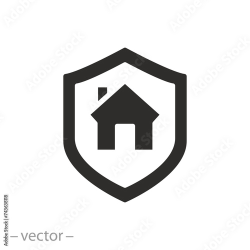 house protection icon, property insurance, shield with home, flat symbol on white background - vector illustration