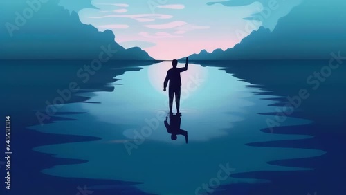 A person reaching for their reflection in the water symbolizing their quest for selfunderstanding. Psychology art concept. . photo