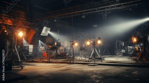 Modern movie set equipment with professional video cameras and lighting fixtures capturing scene photo