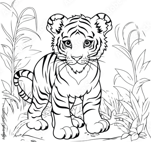 Tiger in the jungle. Black and white vector illustration for coloring book.