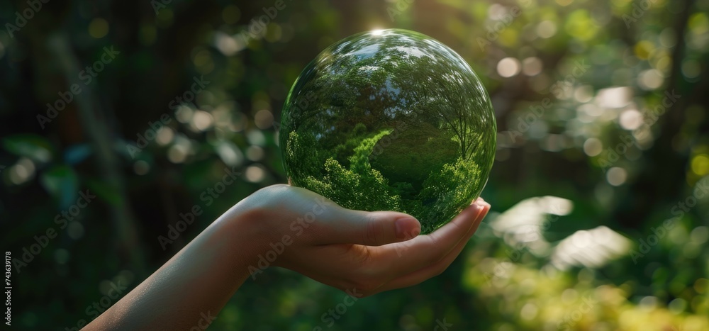 Child Holding a Transparent Globe with Lush Greenery in Background Child Holding a Transparent Globe with Lush Greenery in Background