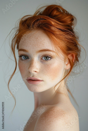 A head to shoulder portrait of a beautiful redhead woman in her early 30s facing camera fashion, professional colour grading, soft shadows, no contrast, clean sharp focus