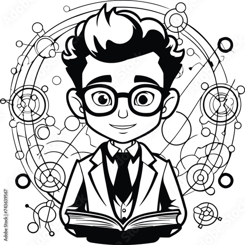Vector illustration of a boy in glasses and a suit reading a book