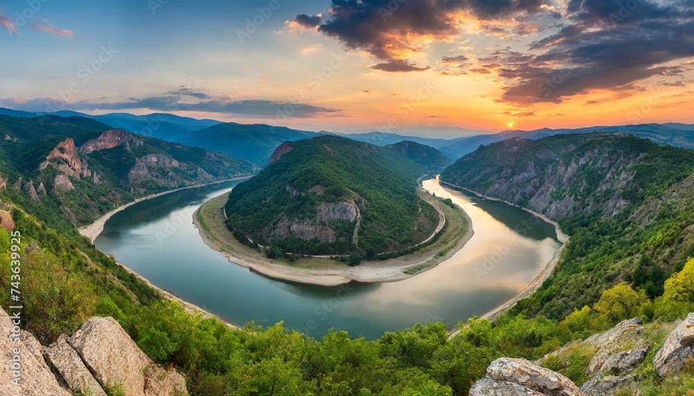 panoramic sunset view with one of most picturesque meander of arda river near kardzhali rodopi mountains in bulgaria - obrazy, fototapety, plakaty 