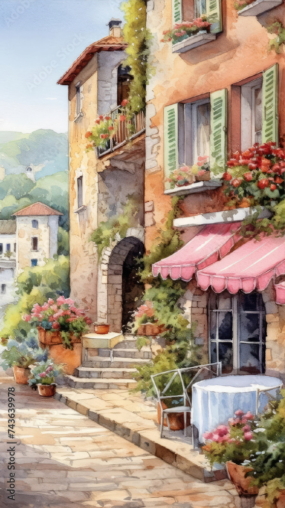 Charming European Street Scene with Colorful Buildings and Flowers