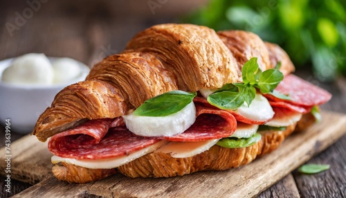 a toasted croissant sandwich with salami and mozzarella