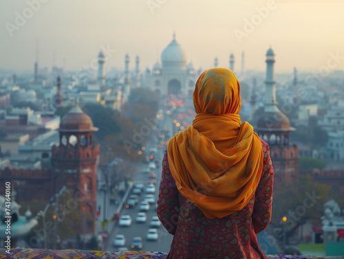 Woman in New Delhi, India at sunset 