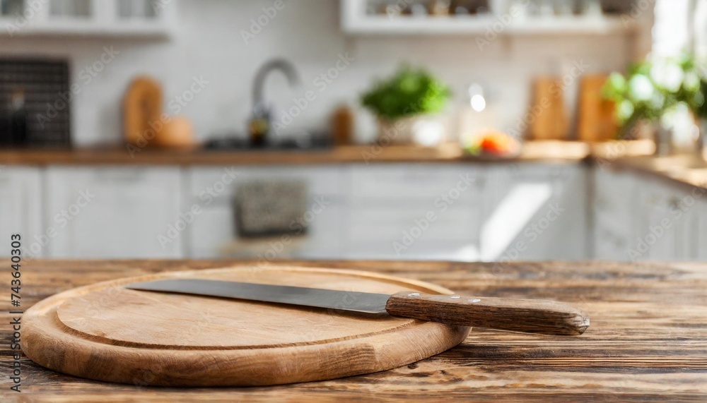 cutting board on table in blurred kitchen interior with space