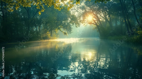 Reflection of the first rays of the sun in a misty forest and river.