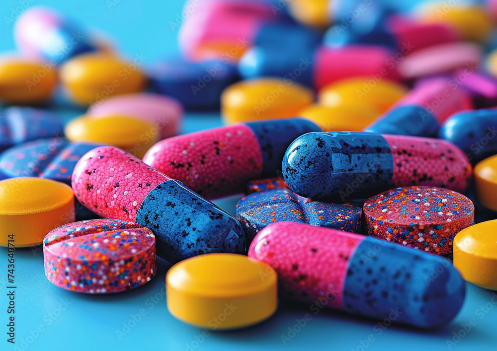 Obraz na plátně Various pills and capsules with antibiotics and painkillers on blue background