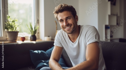 A young smiling athletic man is sitting on the couch at home and looking at the camera. Weekends, Healthy lifestyle concepts.