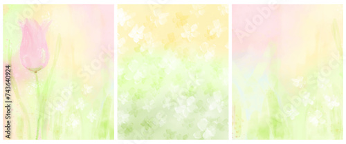 Abstract Floral Vector Backgrounds. Pink Tulip and White Wild Flowers On a Watercolor Yellow-Green Layout. Trendy Print with Copy Space. Spring Sunny Garden. No Text.RGB. Delicate Hand Painted Design.