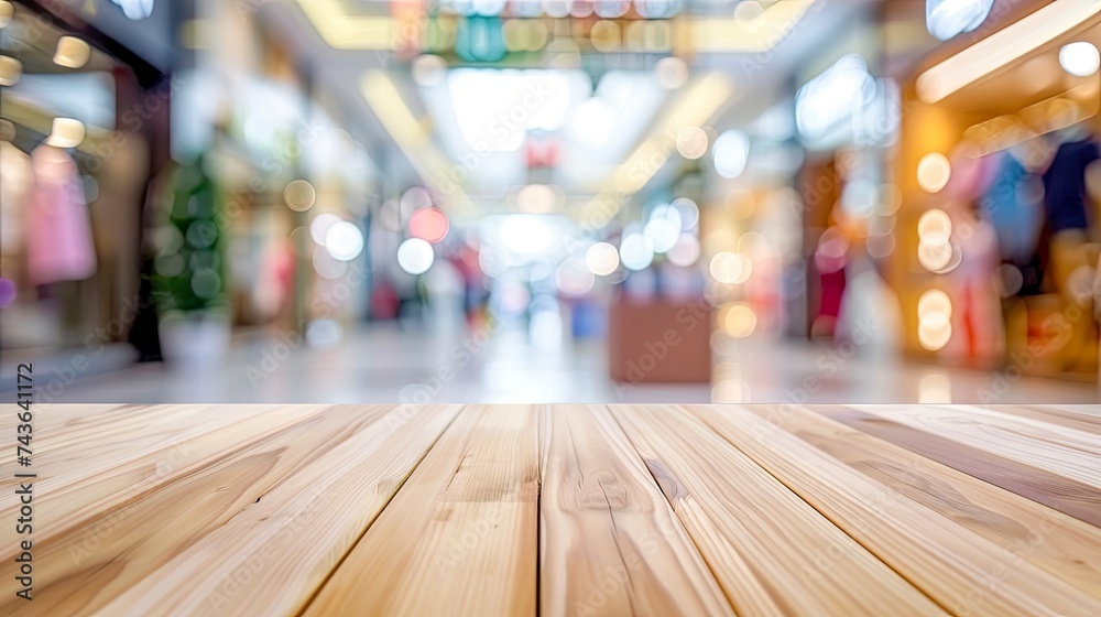 Empty beautiful wood table top counter and blur bokeh modern shop interior background in clean and bright,Banner, Ready for product montage - generative ai