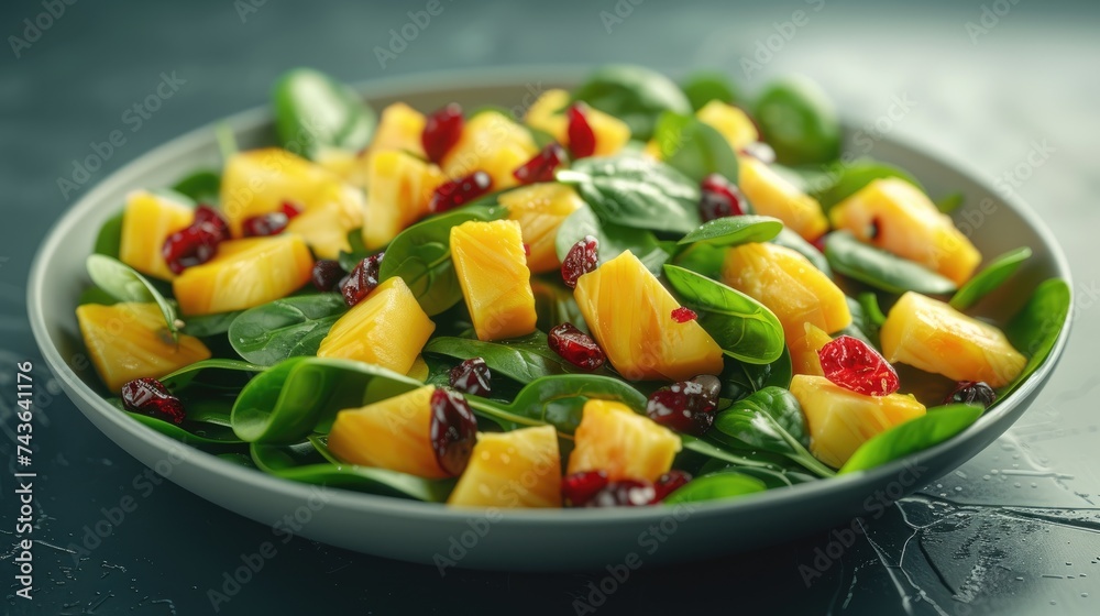 Tropical Mango Pineapple Spinach Salad with Dried Cranberries