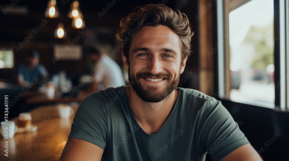 Close-up of a happy smiling athletic man with blue eyes looking at the camera in a cafe, restaurant. Weekends, Healthy Lifestyle, Selfie concepts. - obrazy, fototapety, plakaty 