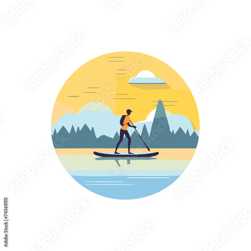Woman on stand up paddle board. Vector illustration in flat style.