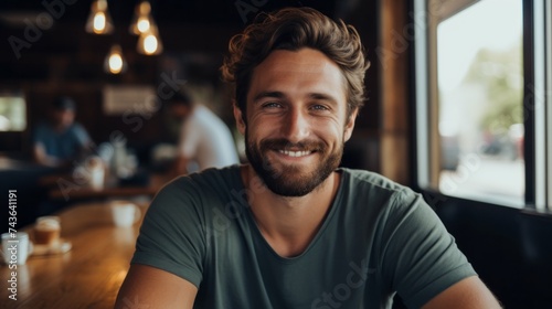 Close-up of a happy smiling athletic man with blue eyes looking at the camera in a cafe, restaurant. Weekends, Healthy Lifestyle, Selfie concepts. © liliyabatyrova