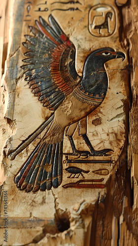 vertical view ancient bird egyptian hieroglyphs on ancient background