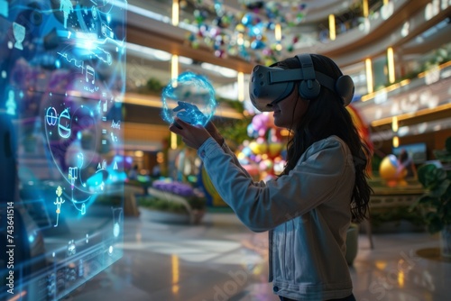 Person using virtual reality equipment with interactive interface