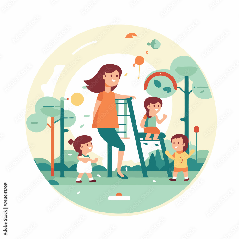 Mother and children playing in the park. Vector illustration in flat style