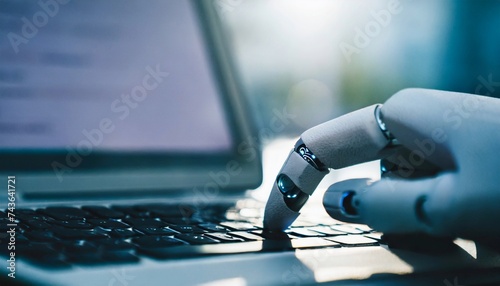 Futuristic robot hand typing and working with laptop keyboard. Science and artificial intelligence technology