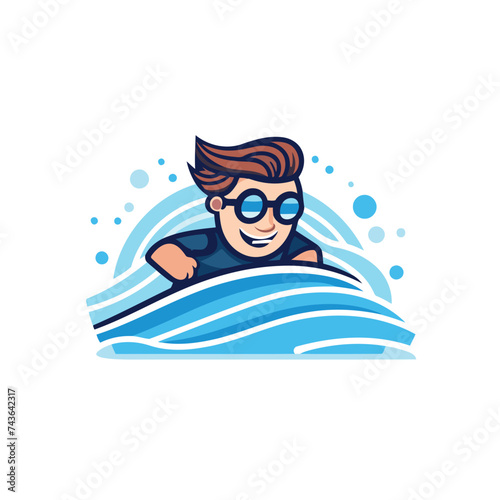 Swimming man in glasses on a blue wave. Vector illustration. © Muhammad