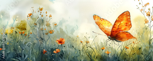 Watercolor painting of butterfly amidst blossoming flowers, illustrating a serene, natural beauty photo