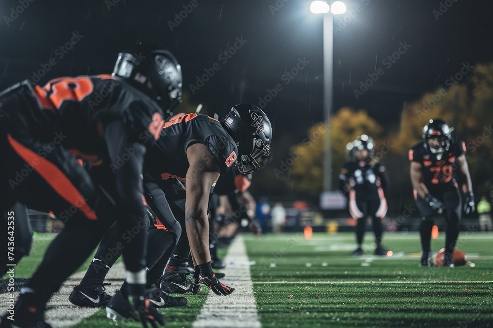 American football players in a tense moment before the start of a play on the field.