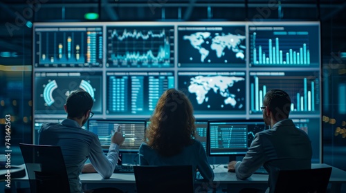 Team of professionals analyzing business metrics on multiple computer screens in a dark control room.