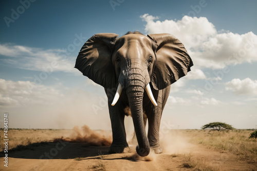african elephant is walking on desert after rain front view  3d illustration 
