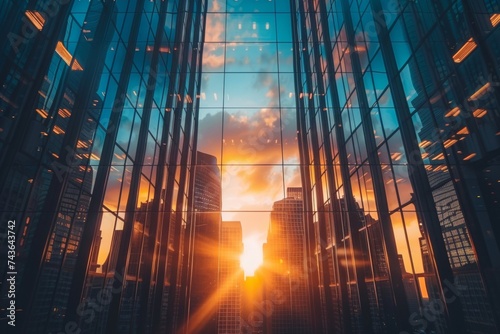 Reflection of the setting sun on glass buildings
