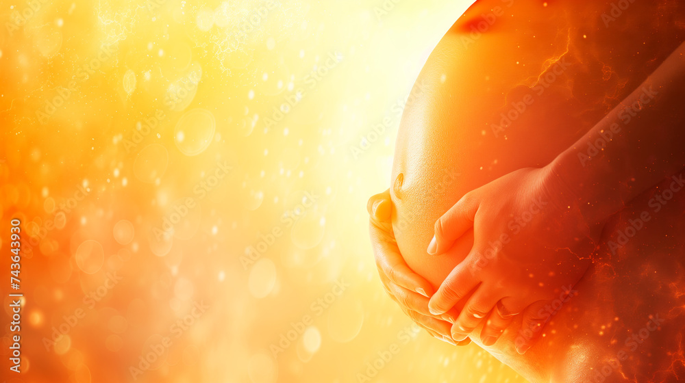 Pregnant woman cradling belly in golden light, bokeh effect and copy space.
 - obrazy, fototapety, plakaty 