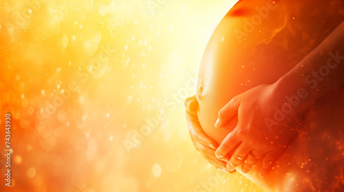 Pregnant woman cradling belly in golden light, bokeh effect and copy space. 