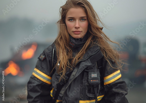 Young woman firefighter wearing fire protective uniform on fire station background.Macro.AI Generative.