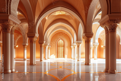 interior of a beautiful islamic mosque with ornate archway and natural light. ramadan kareem banner background. ramadan kareem holiday celebration concept