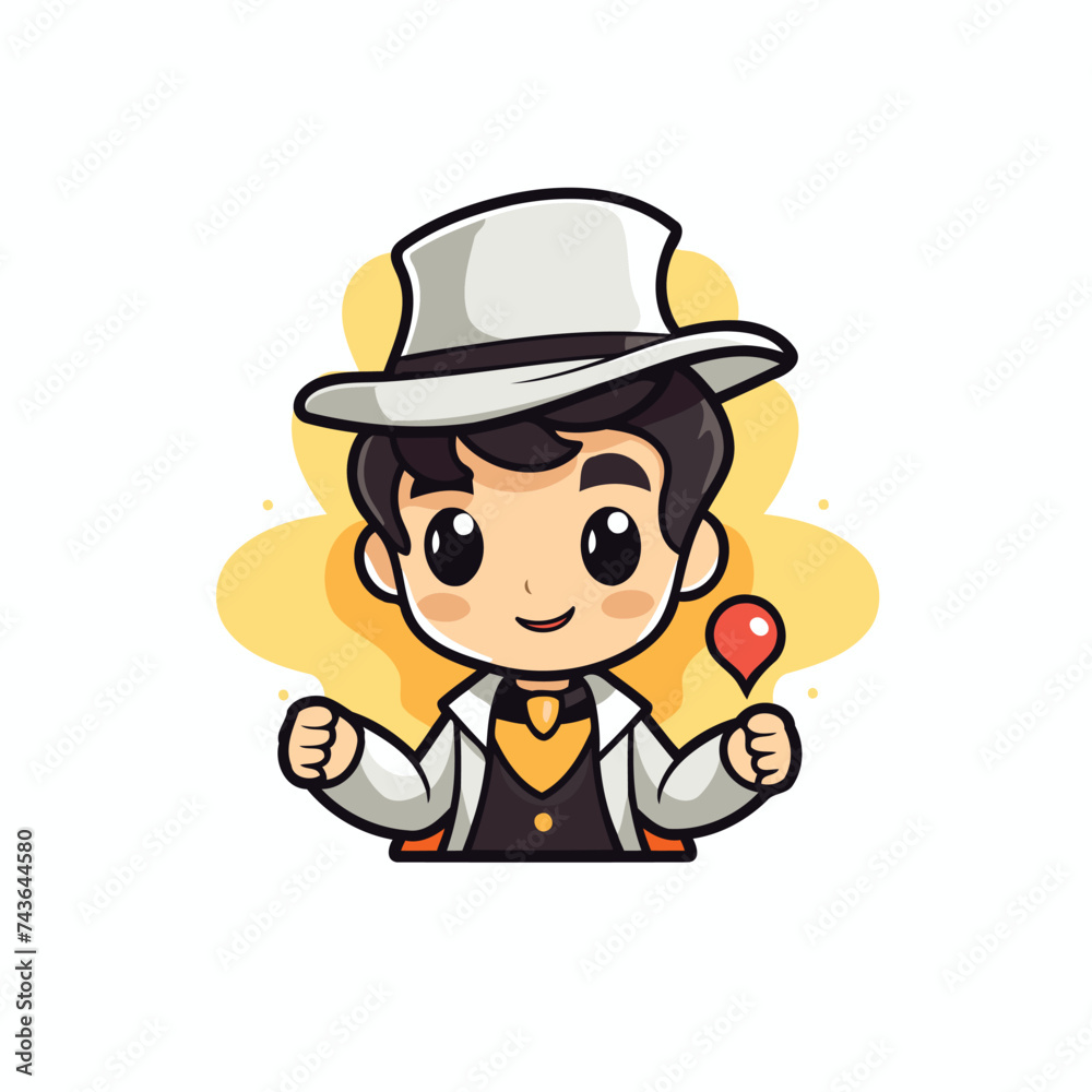 Vector illustration. Cute boy in a hat with map pointer.