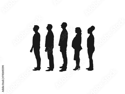 people standing silhouettes set. Vector silhouettes of men and a women  a group of standing and walking business people. Collection of Standing Business People Vector in line against white background.