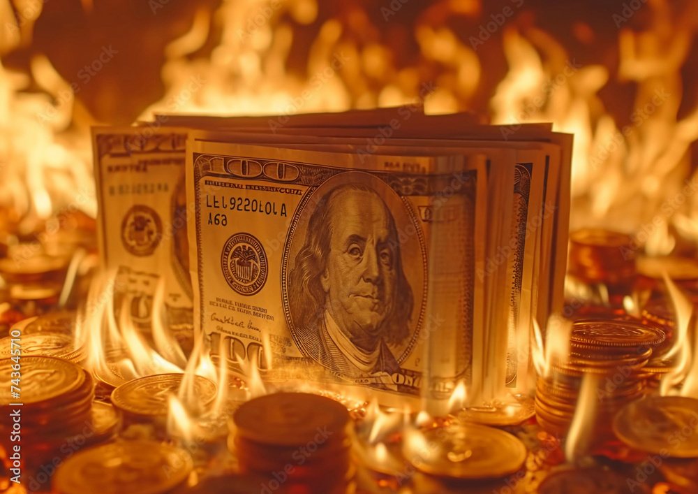 Dollar currency bancnote on fire as economic crisis concept.Macro.AI Generative.